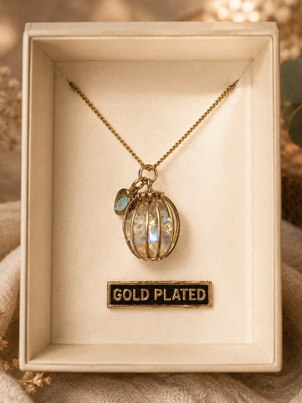 Caged Aurora Borealis Glass Beaded Pendant Necklace Gold Tone Vintage